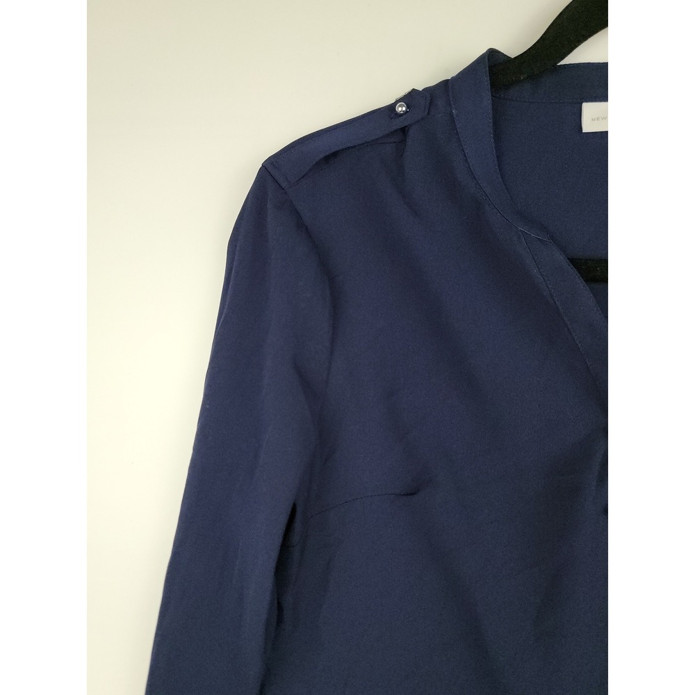 New York & Company Womens XS Navy Blue Split Neck Long Sleeve Blouse Epaulettes - Picture 3 of 10